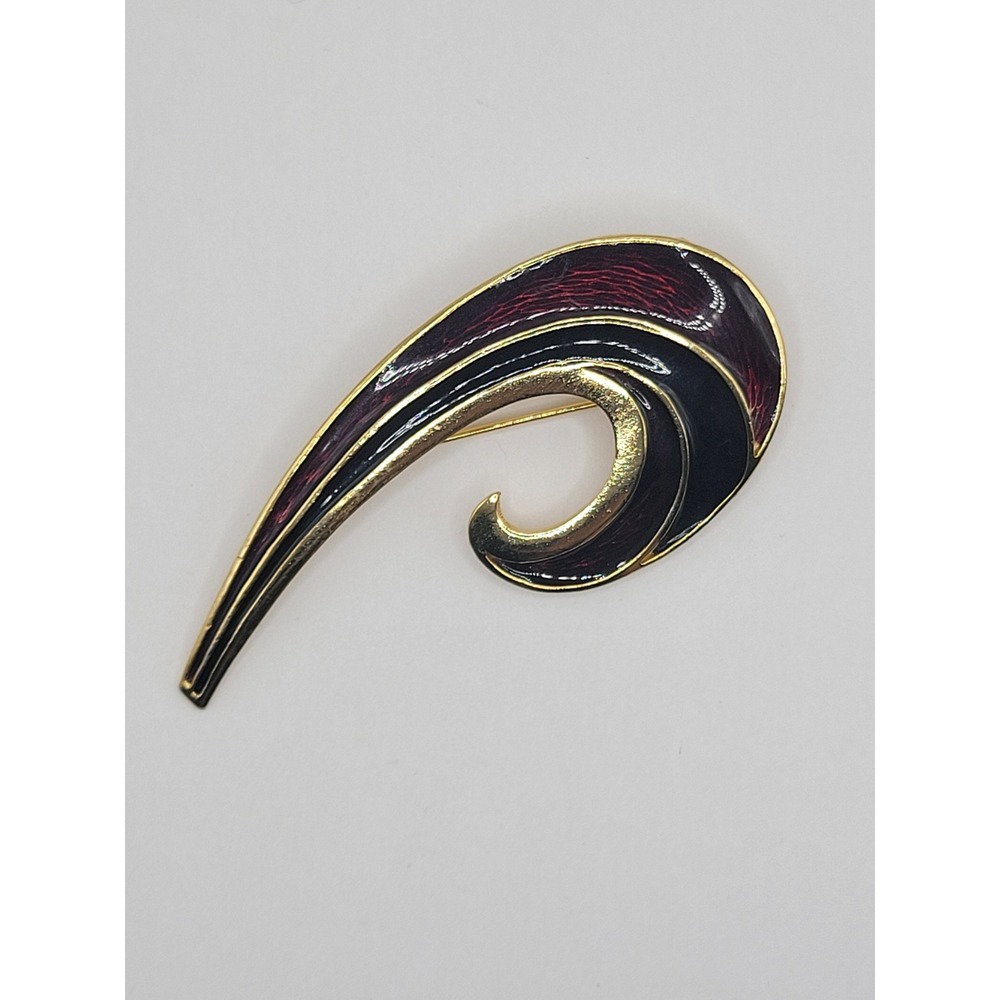 Vintage Gold Tone Abstract Swirl Brooch Burgundy Red‎ Black Enamel Wave Pin